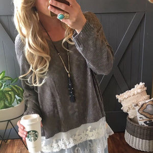 GRAY SHEER LACE HEM PLUS SIZE SWEATER SHIRT TOP X